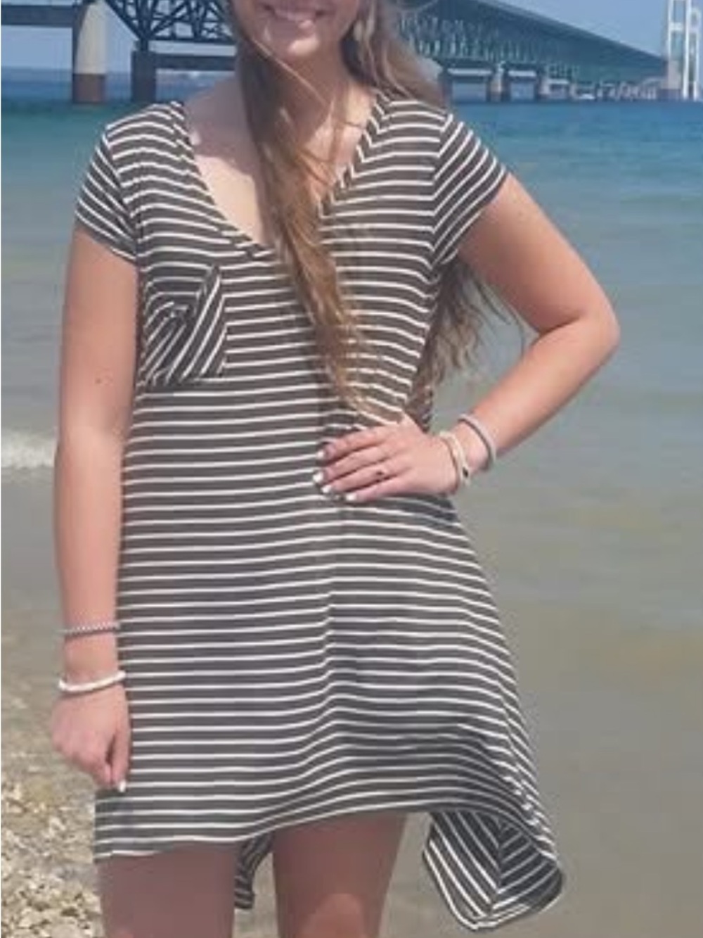 Striped High-Low Scoop Dress in green and White